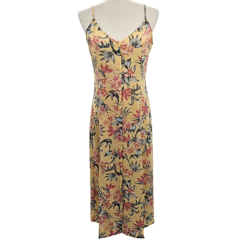 H & M Divided Yellow‎ Tropical Floral Button Front Midi Dress Womens Size 8 Slit